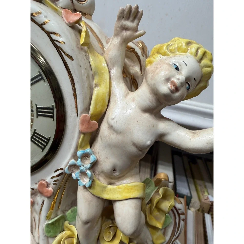 Vintage Lanshire Porcelain Mantel Clock Cherubs Doves Roses Gold Gilt Electric